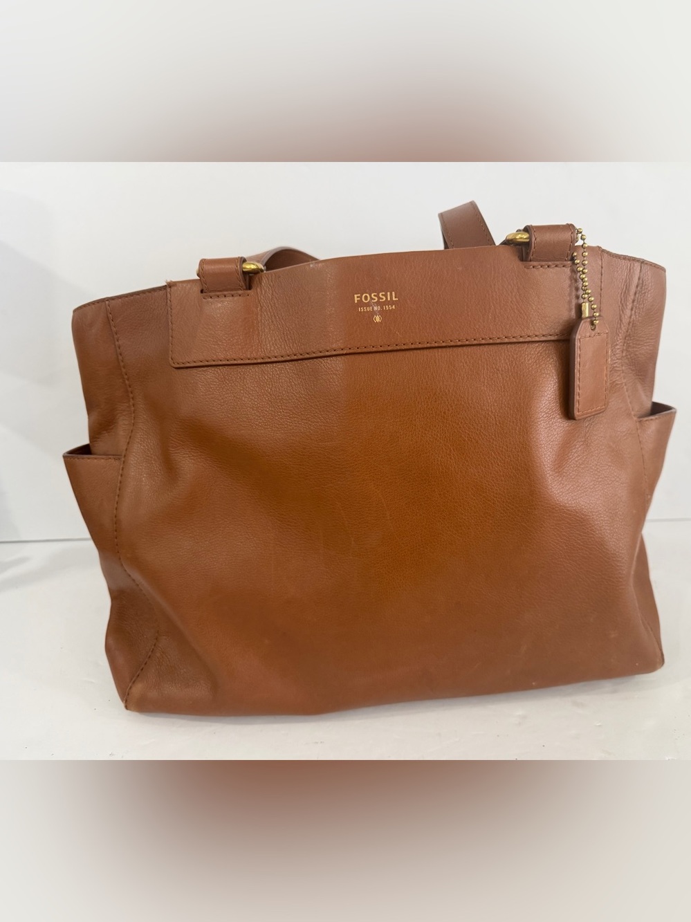 FOSSIL Brown Leather Tote Bag Shoulder Purse Cognac Gold Hardware Large.